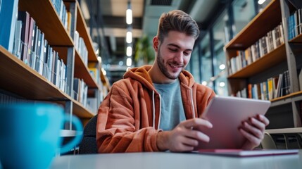 Fototapeta premium Smiling young male using tablet at local library