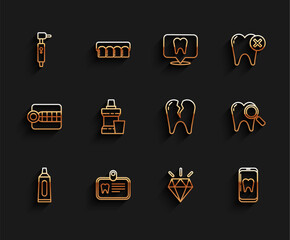 Set line Tube of toothpaste, Id card with, Tooth drill, Diamond teeth, Online dental care, Mouthwash plastic bottle, Dental search and Broken icon. Vector