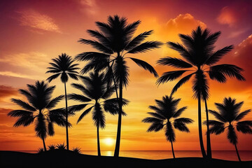 Fototapeta na wymiar Silhouette palm trees on sunset at orange sky background. Tropical nature image landscape backdrop, amazing wallpaper. Stylish image for design. Concept of summer vacation travel. Copy text space