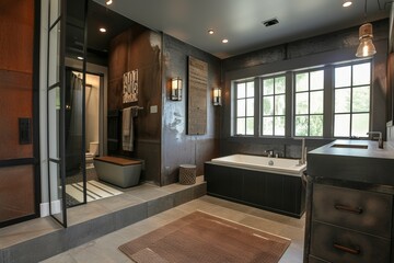 Modern minimalist bathroom interior, modern bathroom cabinet, white sink, wooden vanity, interior...