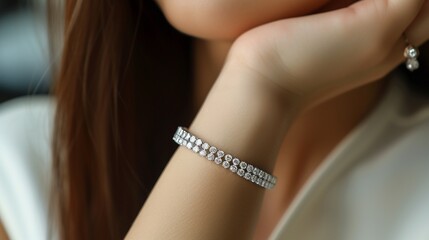 A woman's elegant hand adorned with a timeless and sophisticated tennis bracelet, exuding understated luxury and grace