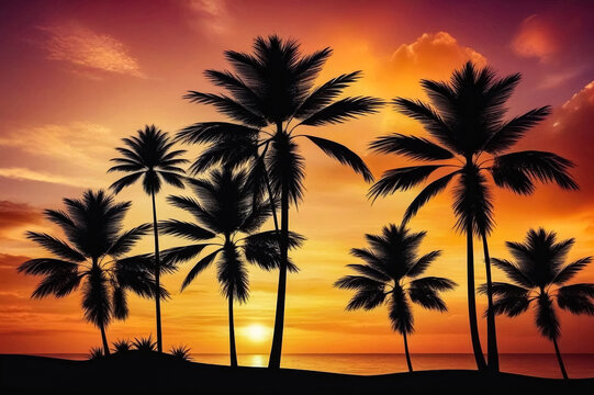 Silhouette palm trees on sunset at orange sky background. Tropical nature image landscape backdrop, amazing wallpaper. Stylish image for design. Concept of summer vacation travel. Copy text space