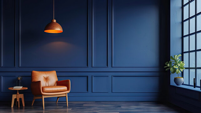 mid century interior blue living room,  Luxury sofa with lamp in living room on dark blue wall background ,
