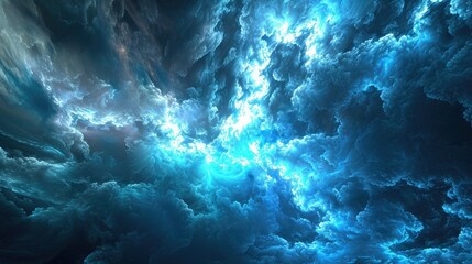 Abstract cosmic nebula with swirling blue clouds and bursts of light, creating a celestial scene.