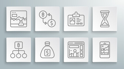Set line Blockchain technology Bitcoin, Cryptocurrency exchange, Money bag, Website with growth graph, Mobile stock trading, Identification badge, Old hourglass and Failure stocks market icon. Vector