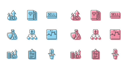 Set line Financial growth and dollar, Business finance report, coin, Dollar plant, Blockchain technology Bitcoin, Browser with graph, Shield money bag and Office folders icon. Vector