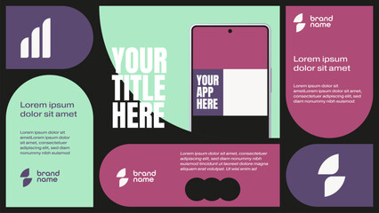 Grid layout app presentation template with smartphone screen.