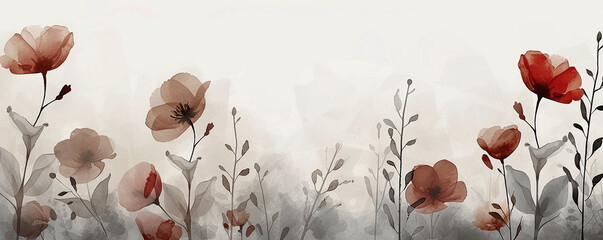 illustration of watercolor flowers on a field, in soft line style and minimalist background. arrival of spring, botany and flora
