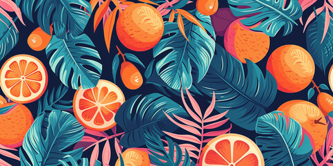 tropical background with oranges and leaves. - obrazy, fototapety, plakaty