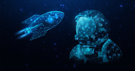 Astronaut in space galaxy with rocket close up. Futuristic polygonal cosmonaut helmet, space concept, wireframe cyber vector illustration. Starry abstract background with glowing human. 