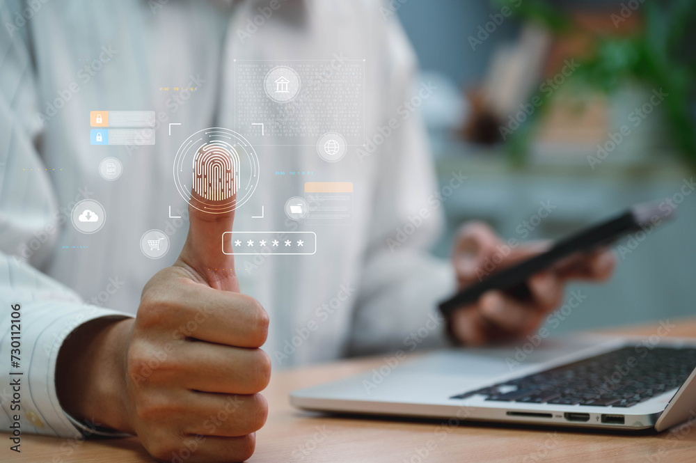 Leinwandbilder Cyber security network and data protection concept.  Businessmen may access security and identify big data organisations, banks, and cloud computers by using finger scanning.