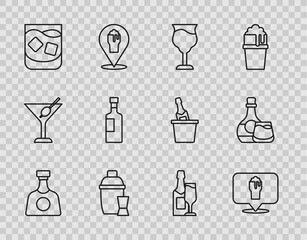 Set line Tequila bottle, Alcohol or beer bar location, Wine glass, Cocktail shaker, Glass of whiskey, Champagne and and Whiskey icon. Vector