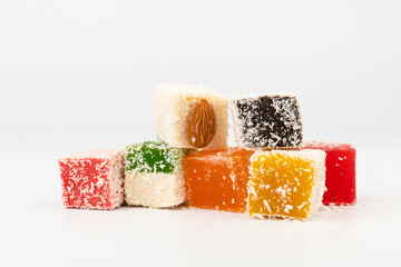 Traditional Turkish delight isolated on white background. Close up.