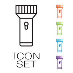 Black line Flashlight for diver icon isolated on white background. Diving underwater equipment. Set icons colorful. Vector