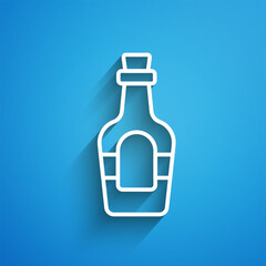 White line Alcohol drink Rum bottle icon isolated on blue background. Long shadow. Vector