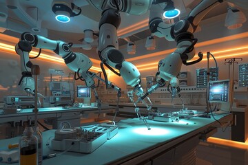 A panoramic view of a high-tech hospital operating room, with multiple robotic arms extending from the ceiling, each performing different tasks in a synchronized fashion.