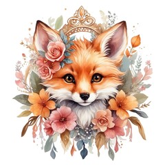 Watercolor illustration portrait of a cute adorable fox with flowers on isolated white background.
