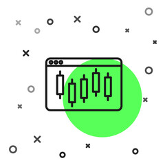 Black line Browser with stocks market growth graphs and money icon isolated on white background. Monitor with stock charts arrow on screen. Vector