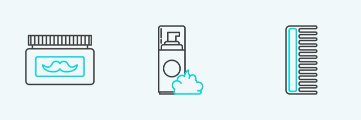 Set line Hairbrush, Cream or lotion cosmetic jar and Shaving gel foam icon. Vector