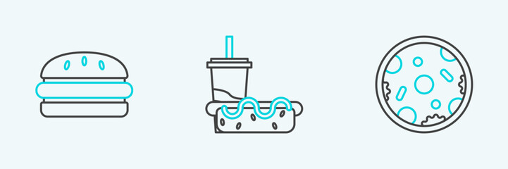 Set line Pizza, Burger and Paper glass with drinking straw and hotdog icon. Vector