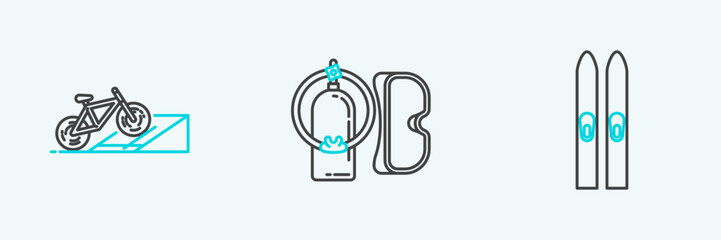 Set line Ski and sticks, Bicycle on street ramp and Diving mask aqualung icon. Vector