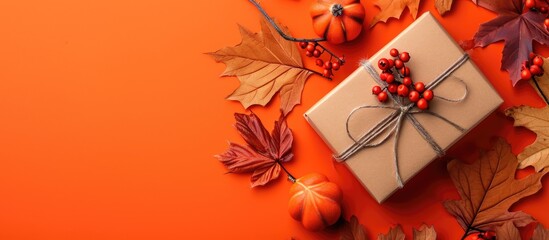 Top view of fall-themed handmade paper gift box with autumn leaves and berries on an orange background. Space for text.