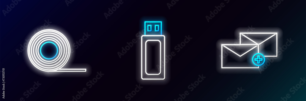 Canvas Prints Set line Envelope, Scotch and USB flash drive icon. Glowing neon. Vector