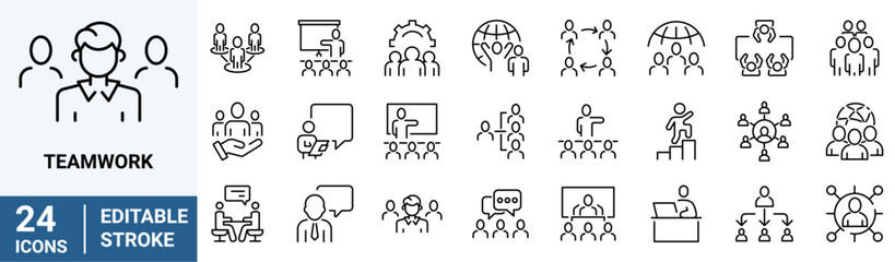 Teamwork line icons related team, co-workers, cooperation. Linear busines simple symbol collection. vector illustration. Editable stroke