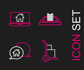 Set line Hand truck and boxes, House building in speech bubble, Swimming pool with ladder and Laptop smart home icon. Vector