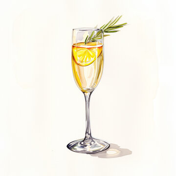 champagne cocktail drink with orange slice garnish and sprig of rosemary, isolated on white background