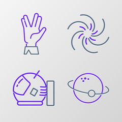 Set line Planet, Astronaut helmet, Black hole and Vulcan salute icon. Vector