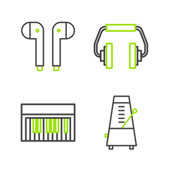 Set line Metronome with pendulum in motion, Music synthesizer, Headphones and Air headphones icon. Vector