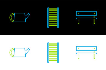 Set line Bench, Watering can and Wooden staircase icon. Vector