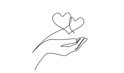 Continuous one line drawing hand holding heart. Charity donation linear symbol template