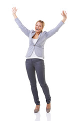 Portrait, wow and success with business woman in studio isolated on white background for celebration. Winner, motivation and goals with happy young person cheering for target, achievement or victory