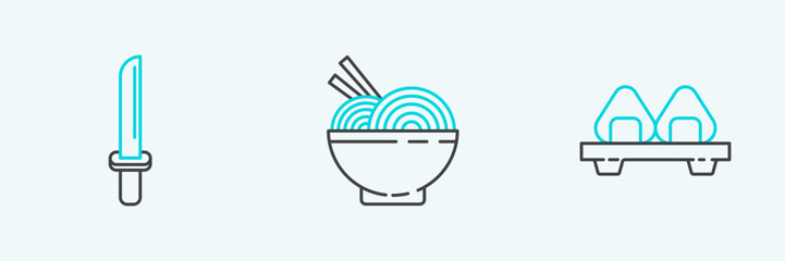Set line Sushi on cutting board, Japanese katana and Asian noodles bowl and chopsticks icon. Vector