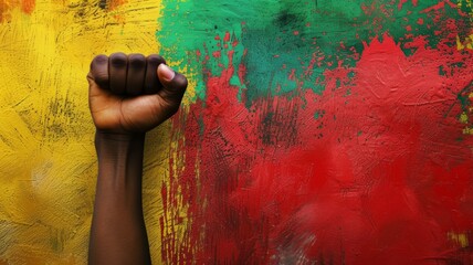 Male black fist, red, yellow, green background. African american clenched hand, gesturing up. Counting, aggression, brave, masculinity concept
