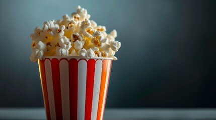 Against a transparent backdrop, a vibrant red and white paper bucket overflows with freshly popped popcorn, 