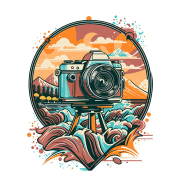 graphic vintage photo camera on sea and mountains background