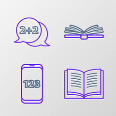 Set line Open book, Mobile calculator interface, and Equation solution icon. Vector