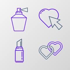 Set line Two Linked Hearts, Lipstick, and cursor click and Perfume icon. Vector