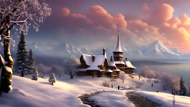 This image depicts a beautiful village covered in warm winter snow. Generative AI.