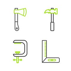 Set line Corner ruler, Clamp and screw tool, Claw hammer and Wooden axe icon. Vector