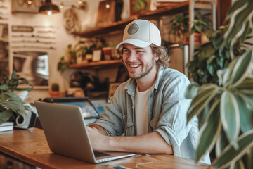 Happy Caucasian young male freelancer smiling while working in the laptop and seated in a charming place with greenery, and vintage Cafeteria interior, smiling boy wearing cap and looking at laptop