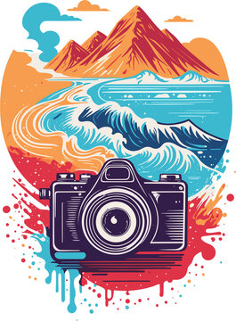 graphic vintage photo camera on sea and mountains background