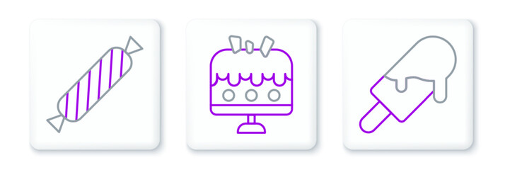 Set line Ice cream, Candy and Cake on plate icon. Vector