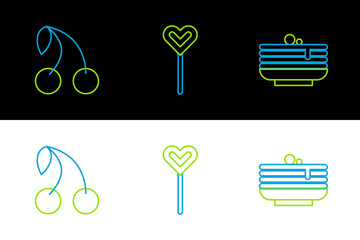 Set line Stack of pancakes, Cherry and Lollipop icon. Vector