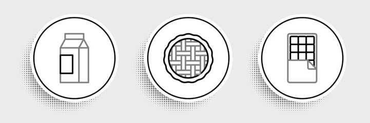 Set line Chocolate bar, Paper package for milk and Homemade pie icon. Vector