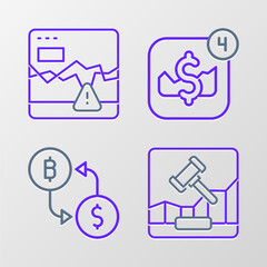 Set line Online internet auction, Cryptocurrency exchange, Mobile stock trading and Failure stocks market icon. Vector