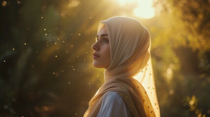 Closeup profile shoot of young attractive female silhouette in hijab looking forward being turned to the side - obrazy, fototapety, plakaty